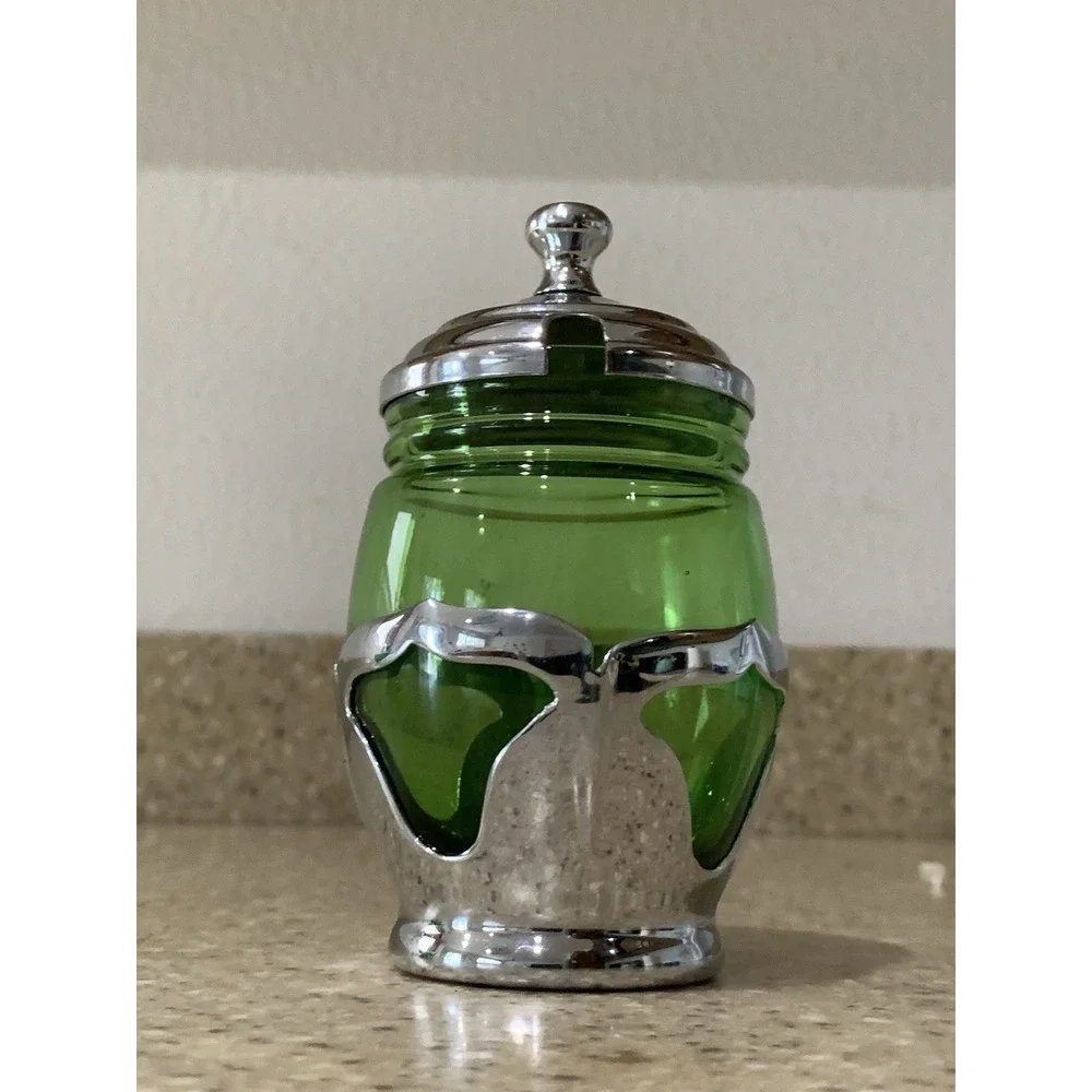 Cambridge FARBER BROS GREEN GLASS Chrome CONDIMENT JAR Vintage 1930s